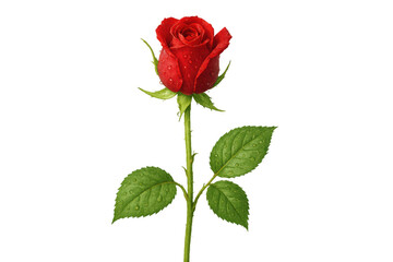 Obraz premium Red rose bud with green leaves and dew drops isolated on transparent background symbolizing love and passion