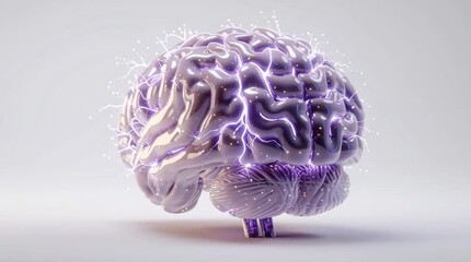 Visual representation of a 3D brain model showcasing electrical activity sparks in purple against a white background - Powered by Adobe