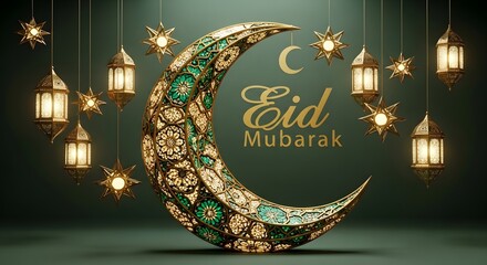 Eid mubarak celebration with crescent moon and lanterns on dark background