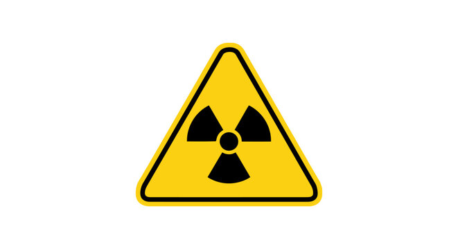 A yellow triangular warning sign with the black international radiation hazard symbol, indicating the presence of radioactive materials or nuclear energy