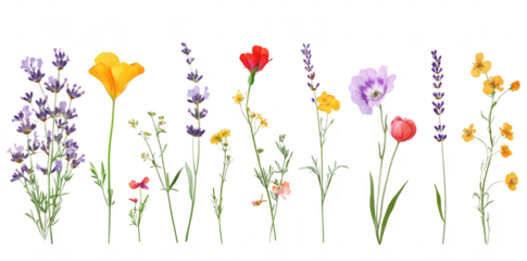 A arrangement of various wildflowers their unique colors and shapes. set against a clean white background. ideal for nature-themed projects or floral design inspiration