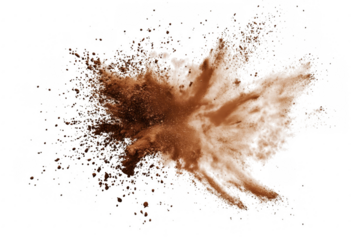 A dynamic explosion of brown powder against a white background. creating an artistic splash effect. ideal for culinary or creative projects