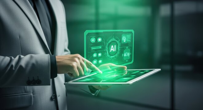 Businessman interacts with innovative technology on digital tablet using futuristic interfaces for business solutions and modern applications