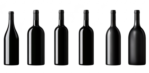 A collection of six sleek. black wine bottles arranged in a row on a clean white background. different shapes and sizes. ideal for product display or packaging inspiration