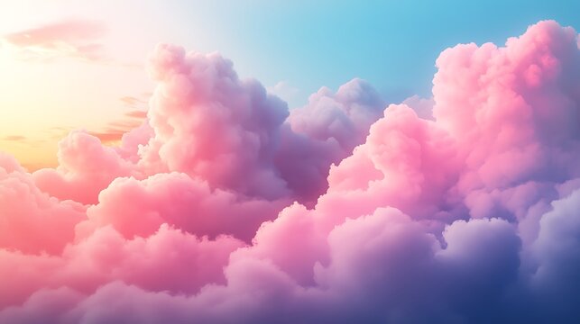 A dreamy sky filled with fluffy pink clouds and a soft blue backdrop creating a serene atmosphere