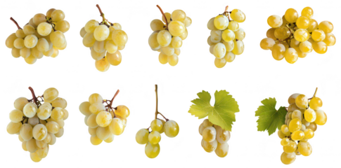 A display of fresh yellow grapes arranged in various clusters. their natural shine and texture. set against a neutral background. perfect for culinary or health-related themes