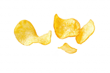 A dynamic composition of floating potato chips captured in mid-air. their crispy texture and golden color against a clean white background. ideal for snack food advertisements