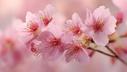 Fototapeta premium Delicate Pink Cherry Blossoms in Full Bloom Against Softly Blurred Background Evoking Serenity and Springtime Beauty Close Up Displaying Intricate Details of Petals and Stamens