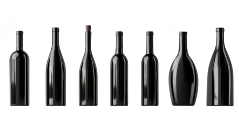 A minimalist display of various black wine bottles arranged in a straight line on a clean white surface. different shapes and sizes with soft lighting enhancing their glossy finish