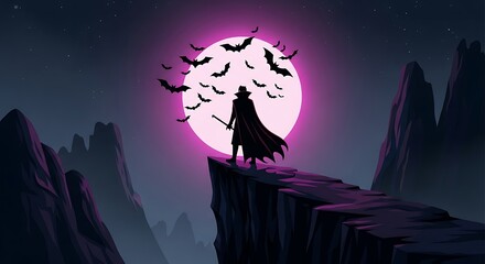 Silhouette of a mysterious cowboy standing on a cliff edge with bats flying around a large pink moon.