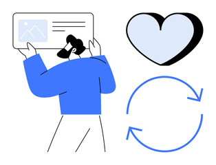 Person holding a card with an image, large heart shape symbolizing care, and circular arrows indicating renewal or continuity. Ideal for themes thumbs up identity, relationship, renewal, care