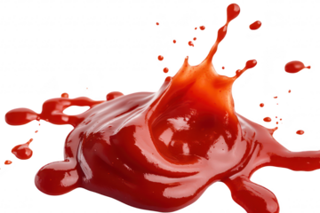 A splash of red ketchup bursting from a pool. its thick texture and glossy sheen against a clean white background. ideal for food-related projects and culinary art
