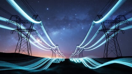 3D Render Of Power Transmission Lines with 3D Digital Visualization of Electricity. Fantastic Visuals of Night Sky Full of Bright Stars. Concept of Renewable Green Energy Powering Human Progress.