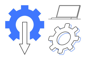 Blue gear with downward arrow, laptop, and outlined gear signifying optimization, process automation, and workflow management. Ideal for technology, engineering, business, progress productivity