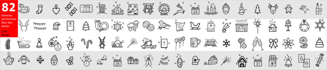 Unique vector concept with various elements of Christmas, New Year, and winter celebrations. Easy to edit. Illustration for t-shirts, banners, flyers, presentations,  Hand-drawn vector elemen, EPS