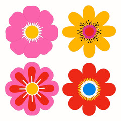 Bright retro flower clipart set featuring bold flat blooms in vibrant colors, clean shapes, and decorative elements perfect for digital design and craft projects
