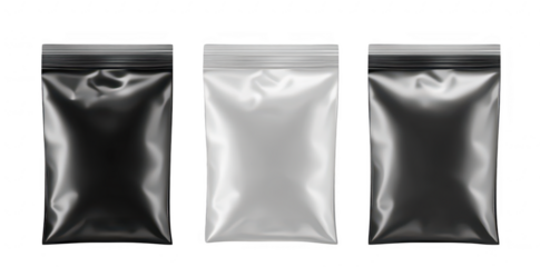 Three resealable packaging bags in black. silver. and transparent colors placed against a transparent background. versatility for product storage and branding opportunities