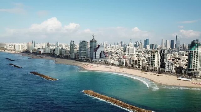 Aerial view of Tel Aviv and sea, Tel-Aviv, Israel.
