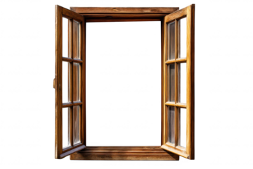 A beautifully crafted wooden window with open panes. a bright and airy view. perfect for enhancing interior design aesthetics and inviting natural light into a room