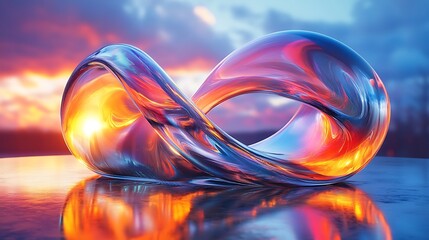 Infinity loop sculpture reflecting sunset colors on a reflective surface with a blurred background