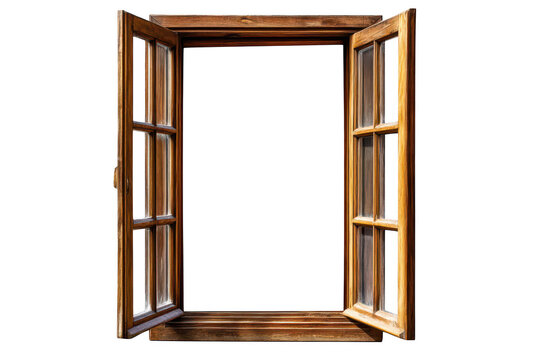 A beautifully crafted wooden window with open panes. a bright and airy view. perfect for enhancing interior design aesthetics and inviting natural light into a room