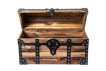 A beautifully crafted wooden treasure chest with intricate metal accents. displayed open against a plain white background. its spacious interior ideal for storage or decoration