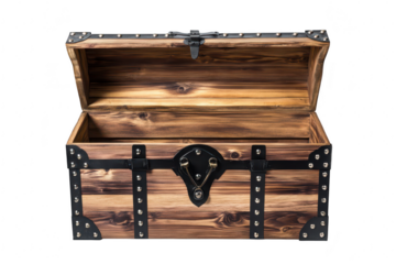 A beautifully crafted wooden treasure chest with intricate metal accents. displayed open against a plain white background. its spacious interior ideal for storage or decoration