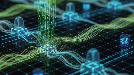 AI Neural Network Big Data Flow Visualization, Binary Code AI Matrix, AI Machine Learning Abstract Background, Quantum Computing, Cyber Security, Futuristic Technology Artificial Intelligence.