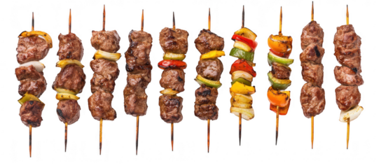A display of grilled meat skewers featuring a variety of marinated beef and colorful vegetables. arranged neatly on a white background. ideal for culinary presentations or food-related content