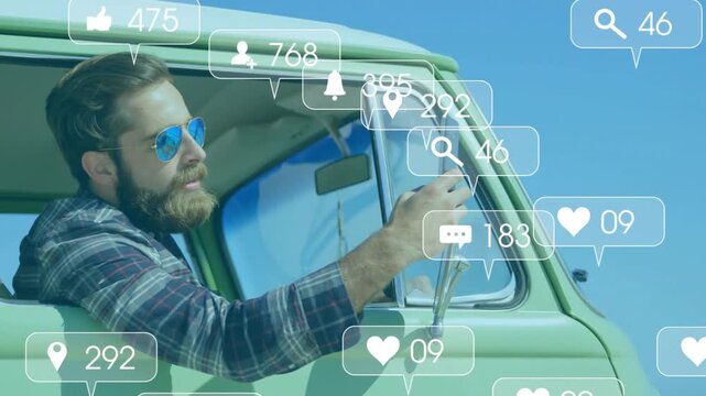 Driver holding phone out window and streaming for social media, icons multiplying around phone