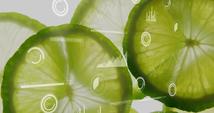 Camera zooming causing translucent lime slices shifting while white HUDs sliding revealing data