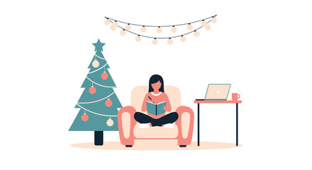 Cozy Christmas Reading - A Woman Enjoying a Book by the Tree.
