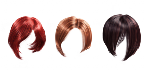 A collection of three stylish. short hairstyles in colors. a red. a light brown. and a dark brown wig. perfect for fashion illustrations or hair design concepts