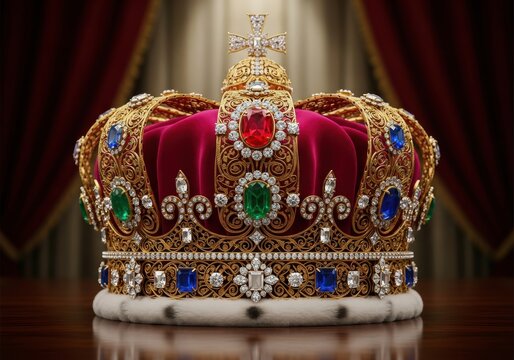 Ornate golden regal headpiece adorned with precious gemstones rests on a reflective surface