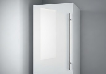 Naklejka premium High gloss white storage cabinet door positioned within a minimalist interior corner.