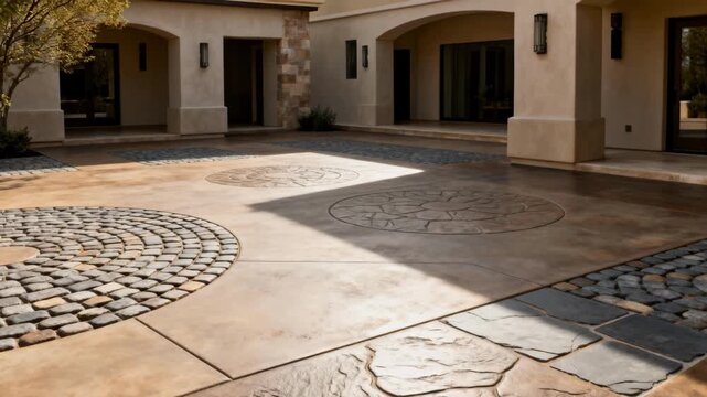 Medium shot of a spacious courtyard featuring diverse stamped concrete patterns including cobblestone and slate enhancing architectural appeal and durability