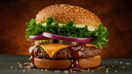 Mouthwatering burger dripping with sauce ready to be devoured, a food lover's dream, delicious