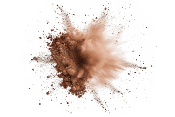 A dynamic explosion of brown powder creating a visually striking cloud effect against a white background. ideal for illustrating concepts of energy. motion. or culinary themes