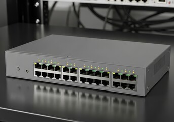 Network switch device displays illuminated status indicators on a dark reflective surface