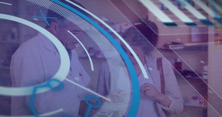 Pharmacist pointing at Rx initiating HUD rotating and revealing while customer checking health info