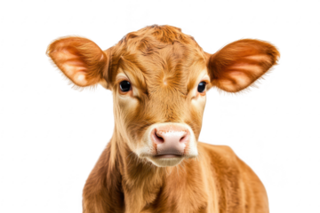 A close-up portrait of a young calf with soft brown fur and large expressive eyes. set against a plain white background. the beauty of farm animals in a serene environment