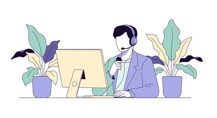 Customer service representative working at computer with headset.