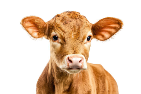 A close-up portrait of a young calf with soft brown fur and large expressive eyes. set against a plain white background. the beauty of farm animals in a serene environment