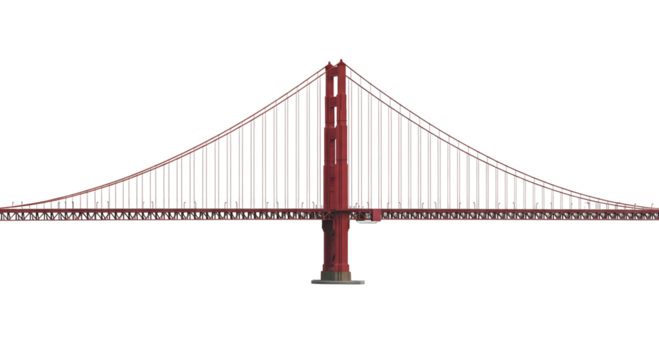 Golden Gate Bridge, a beautiful structural icon, a symbol of architectural achievement and a famous landmark in the United States, isolated on transparent background