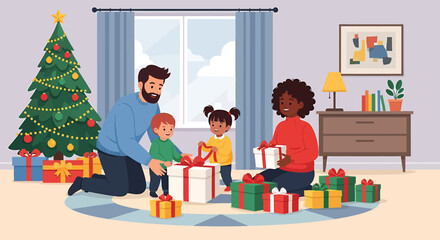 Family Opening Christmas Presents Together in Cozy Living Room.