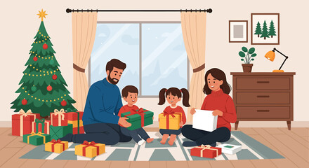 Family Opening Christmas Presents Together in Cozy Living Room.
