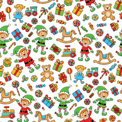 Fototapeta premium Cute Christmas pattern vector. Seamless Elves pattern with toys, gifts, and candy. Cute Elves Christmas Toys Background.