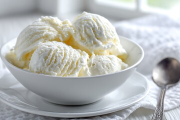 Creamy Vanilla Ice Cream Scoops in White Bowl: Refreshing Frozen Dessert Served on Plate with Silver Spoon on Table with White Cloth