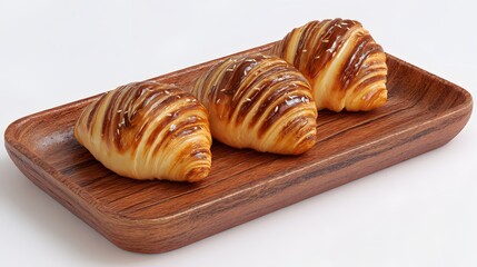 Golden Croissants on a Wooden Platter: A trio of freshly baked, golden croissants, with their flaky layers and inviting sheen, arranged elegantly on a warm wooden platter.
