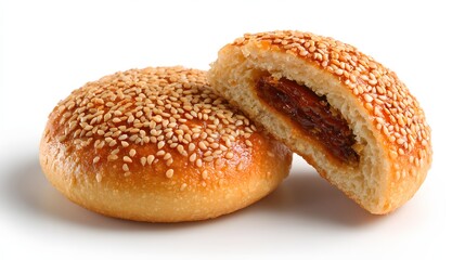 Sesame bun with date paste: A close-up shot presents a sesame bun, bisected to unveil a sweet date paste filling. This shot highlights the delightful combination of textures and flavors. 